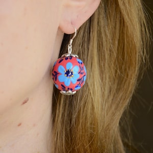 Ukrainian earrings silver hooks wooden Hand painted floral earrings, Ukrainian gift for mom, Dangle folk pysanky Earrings vintage inspired