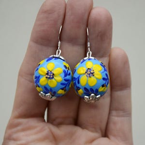 Ukrainian earrings with silver hooks for sensitive ears, Pysanky dangle earrings, wooden folk floral earrings, gift for mom Made in Ukraine
