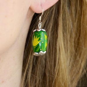 Hand painted earrings, Ukrainian earrings wooden floral, gift for mom, Dangle folk green Earrings for sensitive ears, made in Ukraine