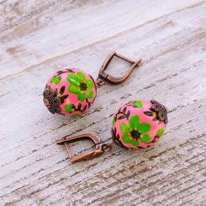 Pysanky earrings Hand painted Ukrainian: wooden dangle ball vintage inspired jewelry made in Ukraine