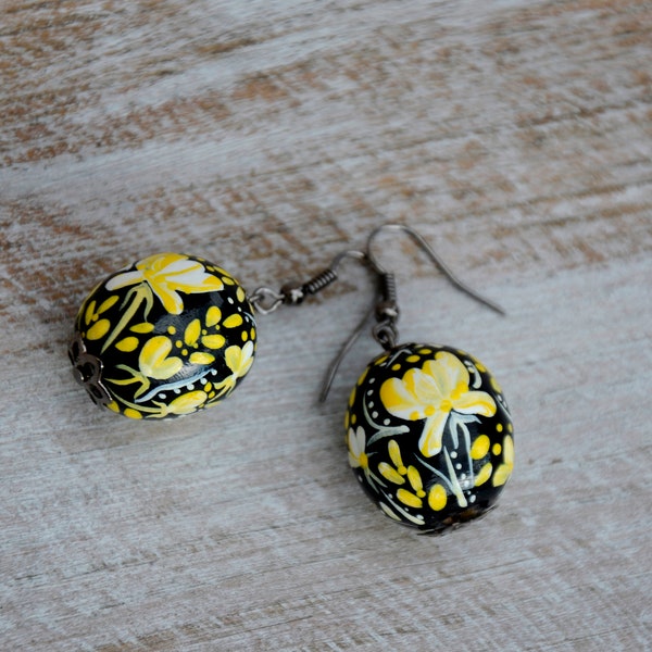 Ukrainian Folk earrings Handpainted wood, Women birthday gift, dangle earrings hand Made in Ukraine birthday gift for her, pysanky earrings