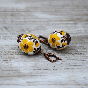Hand painted Autumn floral earrings: wooden Dangle for sensitive ears made in Ukraine