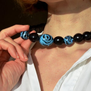 Wooden necklace Hand painted, Big bead necklace, Blue and black Beaded chunky necklace, Mom birthday gift, Hand Made in Ukraine jewelry