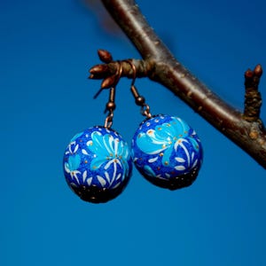Hand painted blue floral earrings: pysanky wooden Petrykivka earrings made in Ukraine