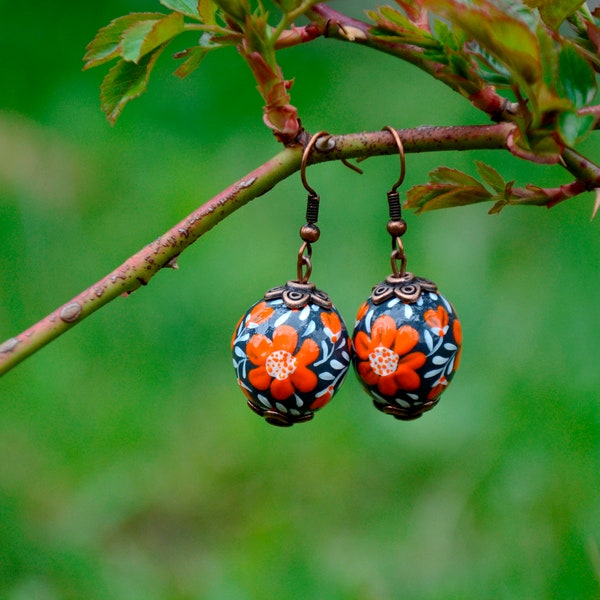 Ukrainian pysanky earrings Hand painted wooden floral, Mothers day gift, Dangle folk big Bead Earrings Vintage inspired for sensitive ears