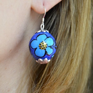 Ukrainian floral earrings for Sensitive ears: wooden hand painted pysanky blue earrings