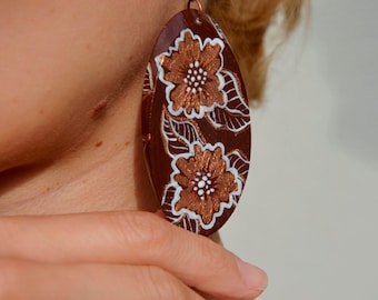 Ukrainian folk Boho Earrings Hand painted wooden, birthday gift for her, large floral earrings, Mother gift Hand Made in Ukraine
