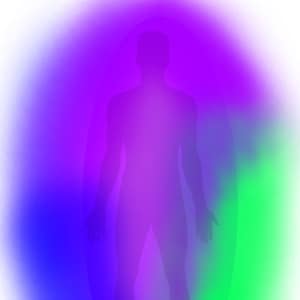 May include: An artistic illustration of a human silhouette surrounded by a colorful aura. The aura transitions from purple to blue and green, with a white background. The image is a digital art piece.