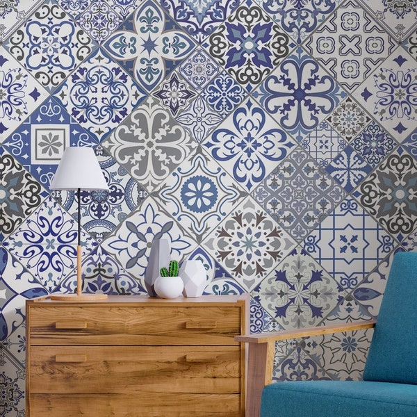 Portuguese blue and white ceramic tiles pattern photo wallpaper [Self Adhesive, Peel & Stick, Removable]