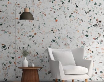 White and rainbow terrazzo pattern wallpaper, floor surface motive [Self Adhesive, Peel & Stick, Removable]