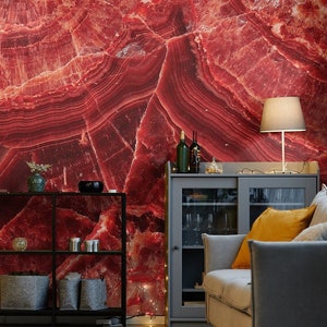Red Onyx Wall Mural, Natural Precious Stone Surface Wallpaper [Peel and Stick (self adhesive) or Traditional Vinyl Papers]