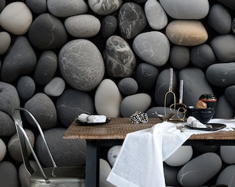 River Rocks wallpaper, black, white and gray, Stone Wall Mural [Peel and Stick (self adhesive) or Traditional Vinyl Papers]