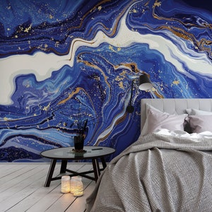 Carta da parati astratta in marmo blu e oro, carta da parati marmorizzata, lusso naturale [Autoadesivo, Peel & Stick, Rimovibile]