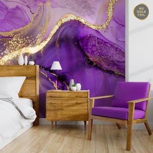 Luxuriöse Marmortapete in Lila und Mattgold, Wandgemälde [Abziehen und Aufkleben (selbstklebend) oder traditionelles Vinylpapier]