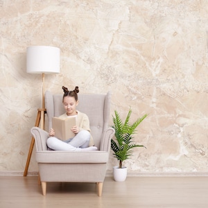 Beige Marmortapete, Steinwandbild, Betonwanddruck [Abziehen und Aufkleben (selbstklebend) oder traditionelles Vinylpapier]