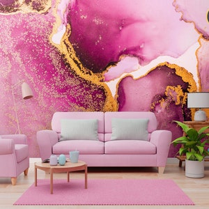 Pink and gold abstract marble wallpaper, modern Wall Mural [Peel and Stick (self adhesive) or Traditional Vinyl Papers]