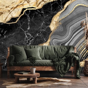 Matte Marmorsteintapete in Schwarz und Gold [Selbstklebend, abziehen und aufkleben, abnehmbar]