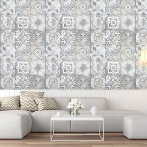 Hellbeige und graue dekorative Tapete mit Blumenfliesenmuster aus Beton [Selbstklebend, abziehen und aufkleben, abnehmbar]