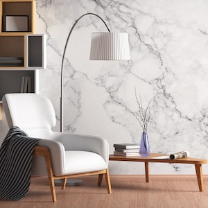 White marble wallpaper, natural stone print, concrete wall mural [Peel and Stick (self adhesive) or Traditional Vinyl Papers]