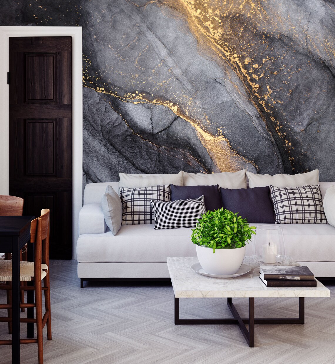 Luxury Abstract Dark Wallpaper With Gold self Adhesive Peel Etsy