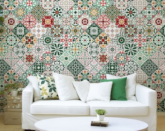 Green portuguese tiles pattern photo wallpaper [Self Adhesive, Peel & Stick, Removable]