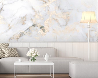 White and yellow natural marble wallpaper [Self Adhesive, Peel & Stick, Removable]