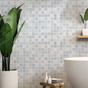 Weiße und blaue Tapete mit kleinem Keramikfliesenmuster, Wandgemälde im Badezimmer- und Küchenstil [Selbstklebend, abziehen und aufkleben, abnehmbar]