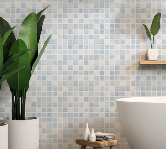 White and blue small ceramic tile pattern wallpaper, bathroom and kitchen style mural [Self Adhesive, Peel and Stick, Removable]
