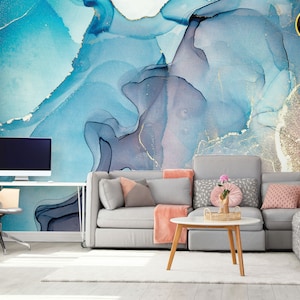 Light Blue and Purple Marble Wallpaper, Abstract Wall Mural [Peel and Stick (self adhesive) or Traditional Vinyl Papers]