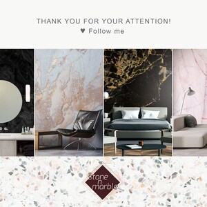 May include: An image showcasing four interior design scenes with marble and stone textures. The scenes include a bathroom with a round mirror, a living room with a black leather chair, a bedroom, and a living room with a sofa. The text reads "THANK YOU FOR YOUR ATTENTION!" and "Follow me".