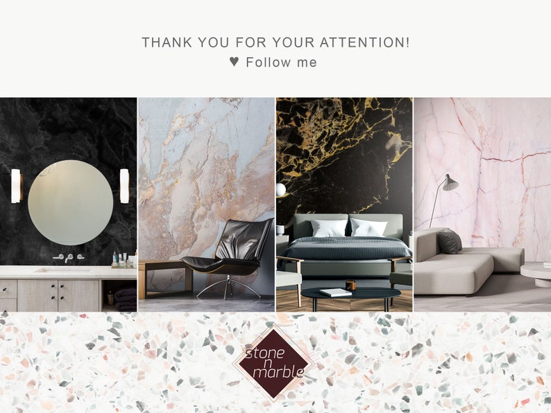 May include: An image showcasing four interior design scenes with marble and stone textures. The scenes include a bathroom with a round mirror, a living room with a black leather chair, a bedroom, and a living room with a sofa. The text reads "THANK YOU FOR YOUR ATTENTION!" and "Follow me".