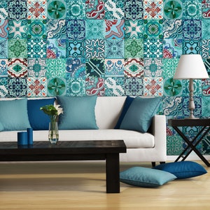 Blaue portugiesische Fliesentapete, geometrische Tapete, minimalistisches Wandbild [Selbstklebend, abziehen und aufkleben, abnehmbar]