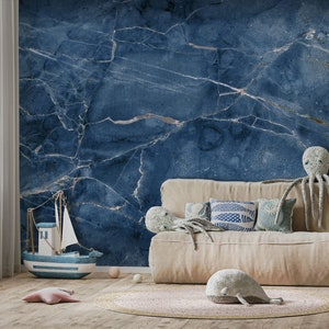 Carta da parati in pietra di marmo blu incrinata, murale con superficie in pietra [Autoadesivo, Peel & Stick, Rimovibile]