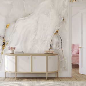 White marble with gold, natural wallpaper, stone [Self Adhesive, Peel & Stick, Removable]