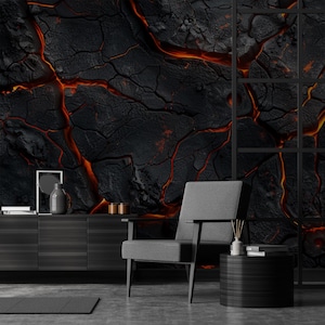 Dunkle rissige Lava-Tapete, abstraktes Wandbild, Wohndekoration, Wandkunst [Peel and Stick (selbstklebend) oder traditionelle Vinylpapiere]