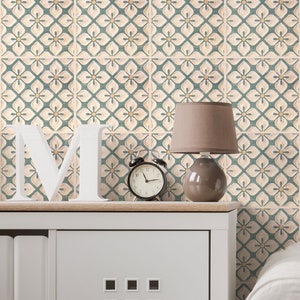 Floral Tile Wallpaper, Stone Tiles Wall Mural [Peel and Stick (self adhesive) or Traditional Vinyl Papers]