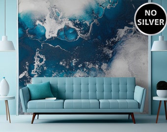 Blue and matte silver wallpaper, abstract art, stone wall mural [Peel and Stick (self adhesive) or Traditional Vinyl Papers]
