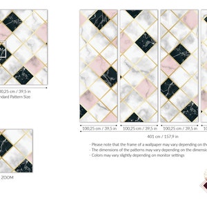 May include: Wallpaper panels with a geometric design. The pattern features black, pink, and white marble squares outlined with gold lines. The standard pattern size is 39.5 inches. The Stone & Marble logo is in the bottom right corner.