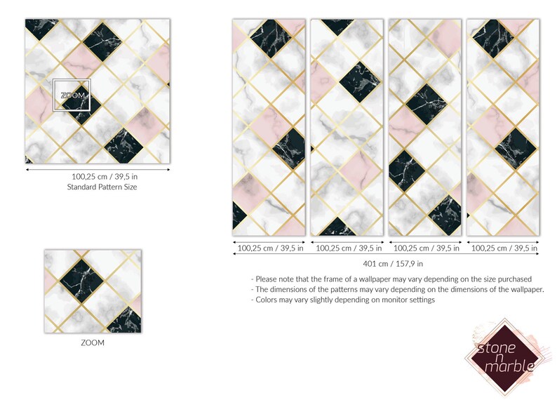 May include: Wallpaper panels with a geometric design. The pattern features black, pink, and white marble squares outlined with gold lines. The standard pattern size is 39.5 inches. The Stone & Marble logo is in the bottom right corner.