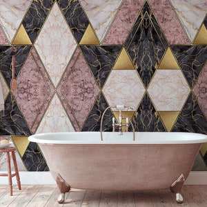Dunkle, rosa und goldmatte, geometrisch marmorierte Rautenmuster-Tapete [Selbstklebend, abziehen und aufkleben, abnehmbar]