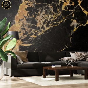 Black marble with yellow cracks wall mural, Dark stone wallpaper [Self Adhesive, Peel & Stick, Removable]