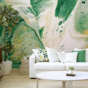Kunsttapete mit grüner und gelber Farbe, Wandbild mit Marmoreffekt [Selbstklebend, abziehen und aufkleben, abnehmbar]