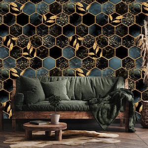 Dark marble stone wall mural, black wallpaper mural, hexagones and leaves wallpaper [Self Adhesive, Peel & Stick, Removable]