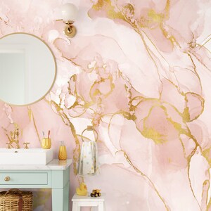 Rosa Aquarelltapete, staubiges Rosa und goldener Marmor [Selbstklebend, abziehen und aufkleben, abnehmbar]