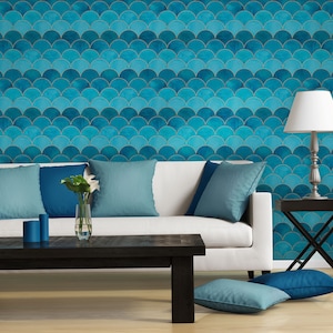 Mermaid fish wallpaper wave japanese pattern [Self Adhesive, Peel & Stick, Removable]