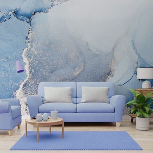 Blue and silver abstract wallpaper, marble wall mural [Peel and Stick (self adhesive) or Traditional Vinyl Papers]