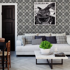 Schwarz-weiße Art-Deco-Tapete mit geometrischem Blumenfliesenmuster [Selbstklebend, abziehen und aufkleben, abnehmbar]