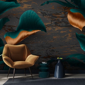 Black and brown marble wallpaper with green and orange tropical leaves [Self Adhesive, Peel & Stick, Removable]