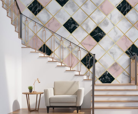 Regular diamond patterned pink, white and black marble wallpaper [Self Adhesive, Peel & Stick, Removable]