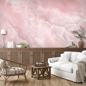 Roze marmeren steenbehang, kristaloppervlak muurschildering, kwartssteen [Zelfklevend, Peel & Stick, Verwijderbaar]